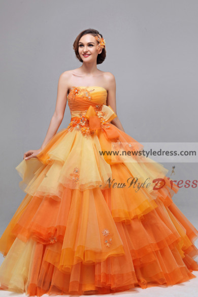 Orange Ball Gown Tiered Chest Appliques Quinceanera Dresses nq-026