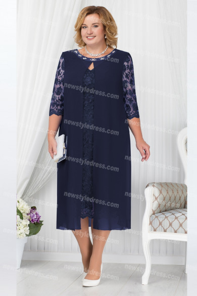 2021 Navy Blue Mother Of The Bride Dress, Mid-Calf  Plus Size Women