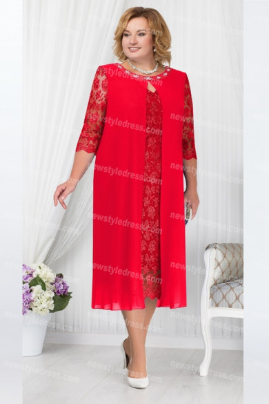 2021 Red Mother Of The Bride Dress, Mid-Calf Plus Size Women