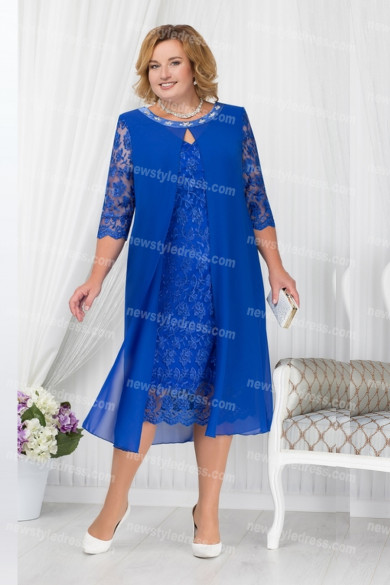 2021 Royal Blue Mother Of The Bride Dress, Mid-Calf  Plus Size Women