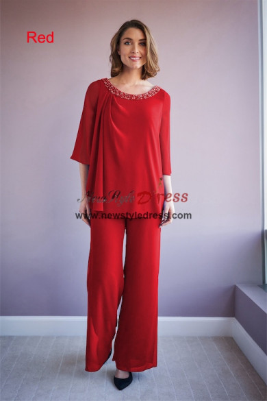 2 PC red Chiffon Mother of the Bride Pants Suits, Trajes de pantalón de madre de la novia nmo-870-9