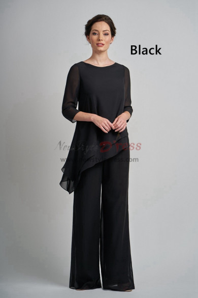 2 Piece Mother of the Bride Pant Suits, Black Chiffon Asymmetry Half Sleeves Elastic Waist Women