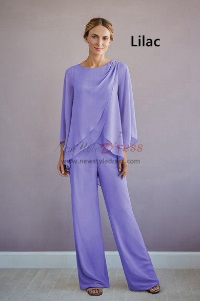 2 Piece Spring Mother of the Bride Pant Suits, Lilac Chiffon Elastic Pants Women