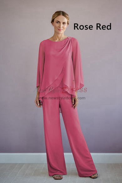 2 Piece Spring Mother of the Bride Pant Suits, Rose Red Chiffon Simple Elastic Pants Women
