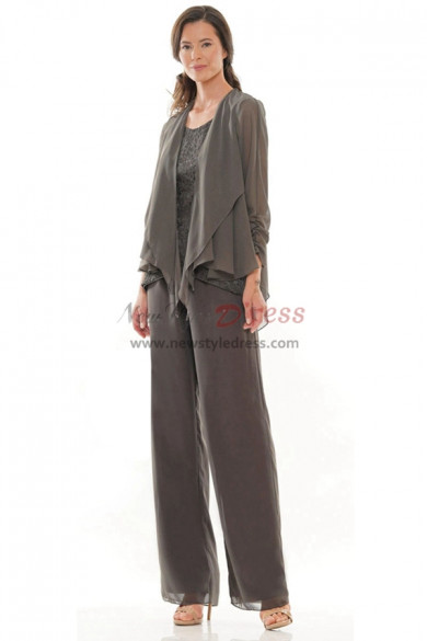 3 PC Charcoal Chiffon Mother of the Bride Pant Suit, Stretchy Waist Trousers Women