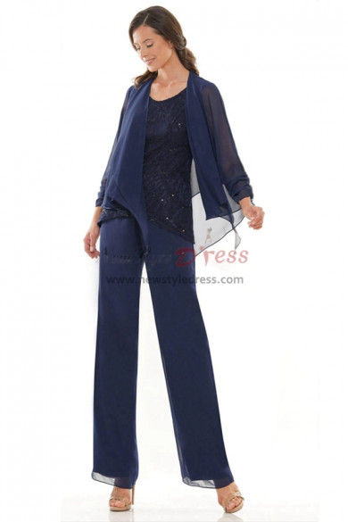 3 PC Dark Blue Mother of the Bride Pant Suit, Stretchy Waist Trousers Women