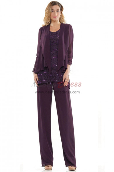 3 PC Grape Mother of the Bride Pant Suit, Stretchy Waist Trousers Women