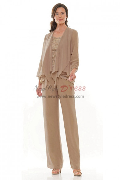 3 PC Khaki Chiffon Mother of the Bride Pant Suit, Stretchy Waist Trousers Women