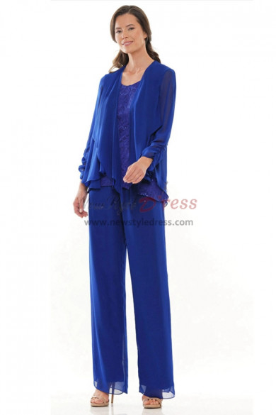 3 PC Royal Blue Chiffon Mother of the Bride Pant Suit, Stretchy Waist Trousers Women