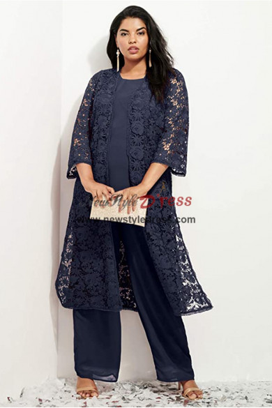 3 Piece Dark Navy Mother of the Bride Pant Suit With Coat,Wedding Guest Pant Suits nmo-872-1