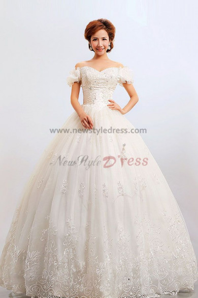 Bateau puff sleeve Ball Gown lace Embroidery Wedding Dresses nw-0084
