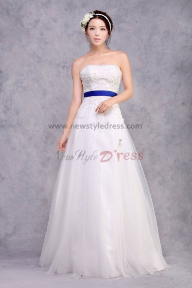 Cheap a-line Strapless Lace Appliques Wedding Dresses With Royal Blue Belt nw-0171