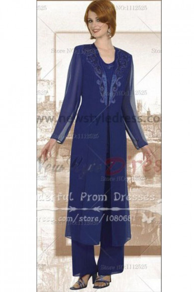 Chiffon Royal Blue mother of the bride pants suits with classic long jacket nmo-050