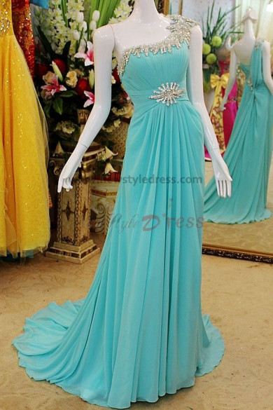 Crystal Sequins Chiffon One Shoulder Elegant Court Train Evening Dresses np-0115