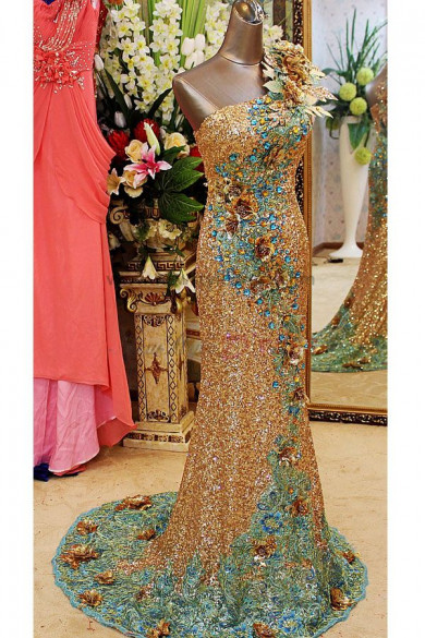 Crystal Sequins Handmade flower Luxurious One Shoulder golden Court Train Handmade flower Prom Dresses np-0120