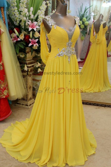 Daffodil Chiffon Brush Train Backless Empire prom Dresses with shoulder Crystal np-0117