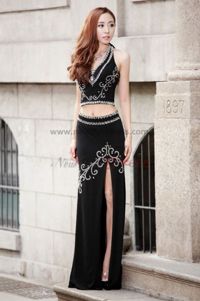 Halter black Split Front Prom Dresses with Appliques np-0147