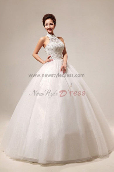 High Collar Ball Gown Organza Chest With Lace Halter Wedding Dresses nw-0070