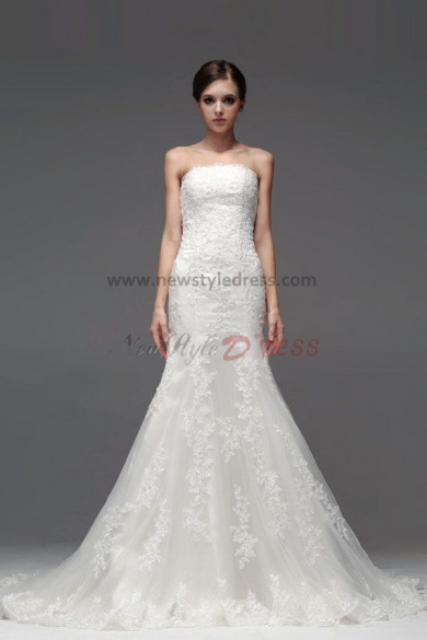 Hot Sale Mermaid Strapless Lace Chapel Train Hand beading Wedding Dresses nw-0226