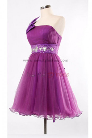 Purple popular Sashes With beading Glamorous One Shoulder With a bow Tiered Homecoming Dresses nm-0093