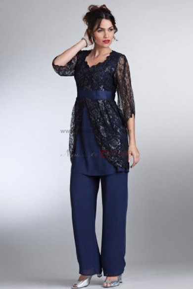 Royal Blue cheap mother of the bride pant suits with lace jacket three quarter sleeve nmo-015