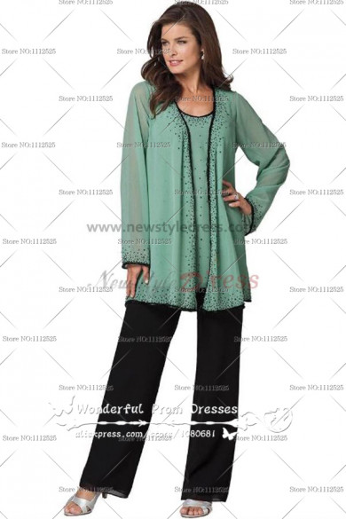 Scattered beads Chiffon Three Piece mother of the bride pants suits with long sleeves Jacket nmo-048