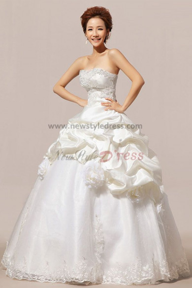 Strapless Ruffles Chest Appliques Tulle Ball Gown Wedding Dresses nw-0056 