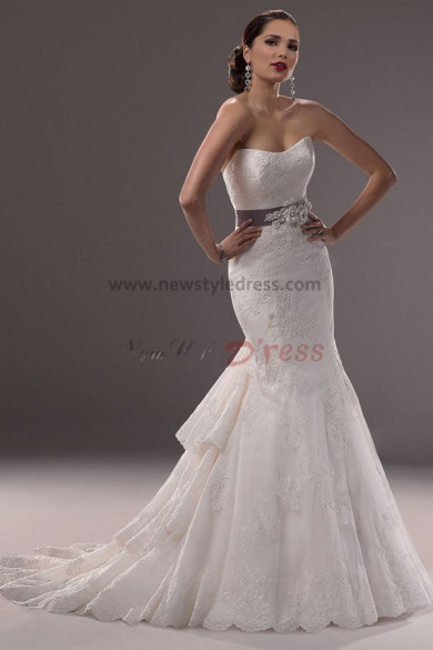 Tiered lace Pattern Mermaid Glamorous wedding dresses with Belt nw-0196