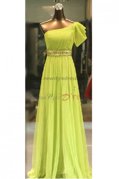Tulle One Shoulder A-Line Elegant Chest With beading Green Prom Dresses np-0108