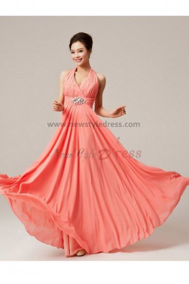 Watermelon Floor-Length Backless Halter Empire prom dress np-0133