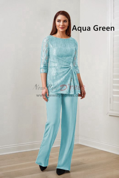 Aqua Green Lace Stretchy Waist Pants Mother Of The Groom Outfits, 2 Piece Women
