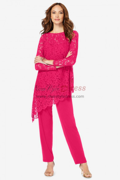Asymmetric Rose Red Lace Mother of the Bride Pant Suits, Stretchy Waist Trousers Women