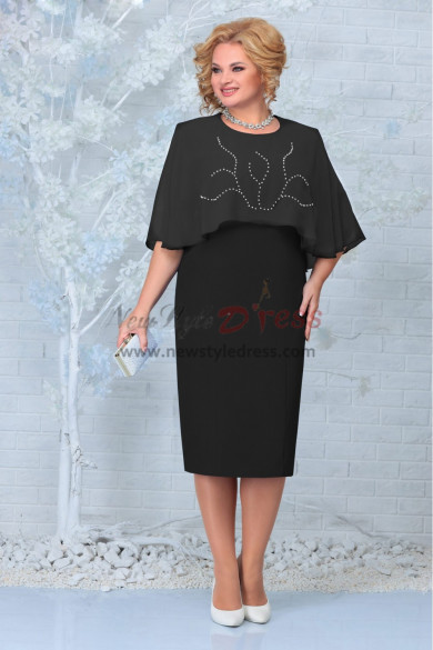 Black Chiffon Cape Plus Size Hand Beading Mother of the Bride Dresses, Knee-Length Women