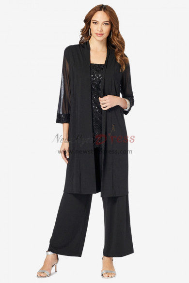Black Mother of the Bride Pant Suits, 3 PC Loose Stretchy Waist Trousers Women
