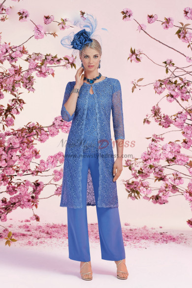 Sky Blue lace Mother of the bride pant suits with Half Sleeves for wedding nmo-545