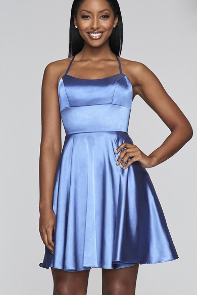Blue Tight Satin Scoop Neckline Homecoming Dress,Under $100 Short Dresses sd-027-2