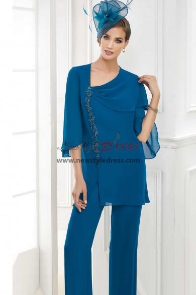 Dark Blue Asymmetric Hand Beading Pant suits for Wedding Guest,Mother of the Bride Trouser Outfits, Tenues d