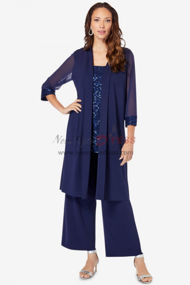 Dark Navy Mother of the Bride Pant Suits, 3 PC Loose Stretchy Waist Trousers Women