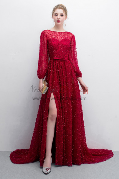 Delicate Pearl lace Burgundy Court Train Prom dresses With Puff sleeve NP-0383