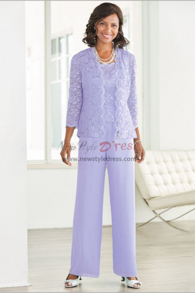 Lilac Mother of the bride pant suit with Lace jacket  Elastic waist High-end Trousers suit nmo-526