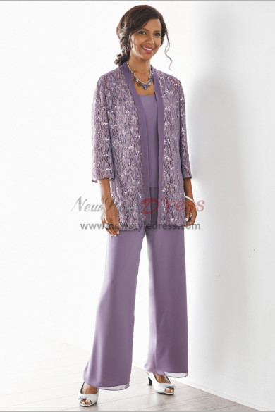 Elegant Mother of the bride pant suits Purple 3 PC Trousers outfit New arrival nmo-518