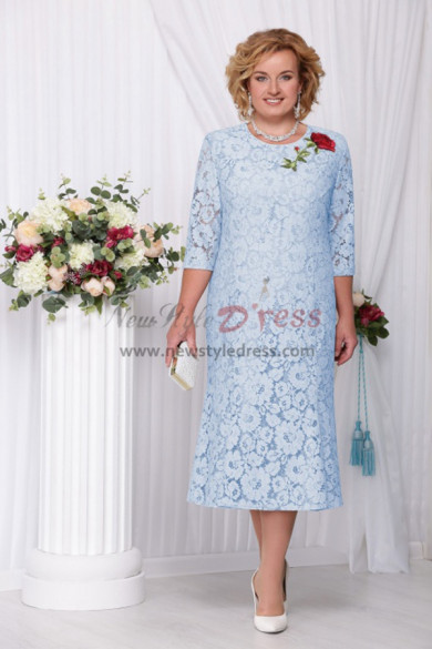 Fashion Sky Blue Mid-Calf-Length Mother of the Bride Dresses, Plus Size Half Sleeves Women