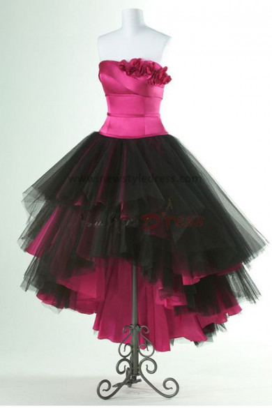Fuchsia or Blue Hi-Lo Tiered black Tulle Strapless Prom Dresses np-0150