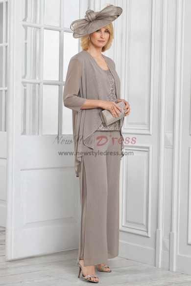 Gray Elegant Mother of the Bride Chiffon Pant Suits, Three Piece Women