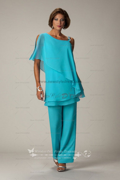 Ocean Blue Latest Fashion Chiffon mother of the bride pants suits nmo-014
