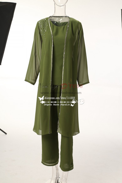 Green Chiffon Mother of the bride pant suits with long coat MT0017012