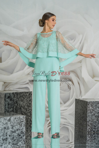Jade Blue Mother of the Bride Pant Suits with Lace Cape, Elegant Women Wedding Guest Pant Suits nmo-914