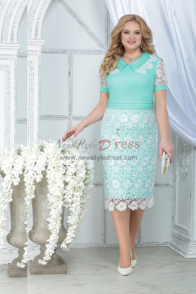 Jade Green Knee-Length Mother of the Bride Lace Dress Aqua,Plus Size Women