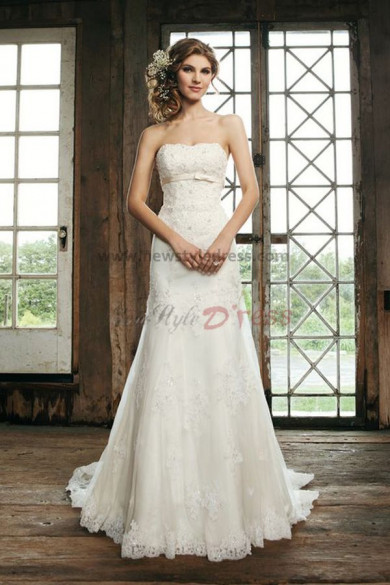 lace Appliques Elegant Strapless Brush Train wedding dress under 200 nw-0251