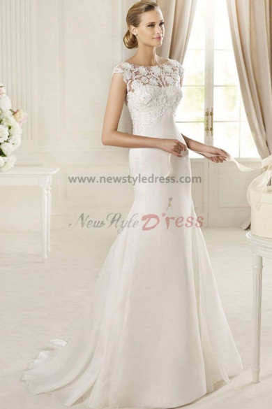 lace Jewel Mermaid Elegant Sweep Train Sheath Ivory wedding dresses under 200 nw-0150